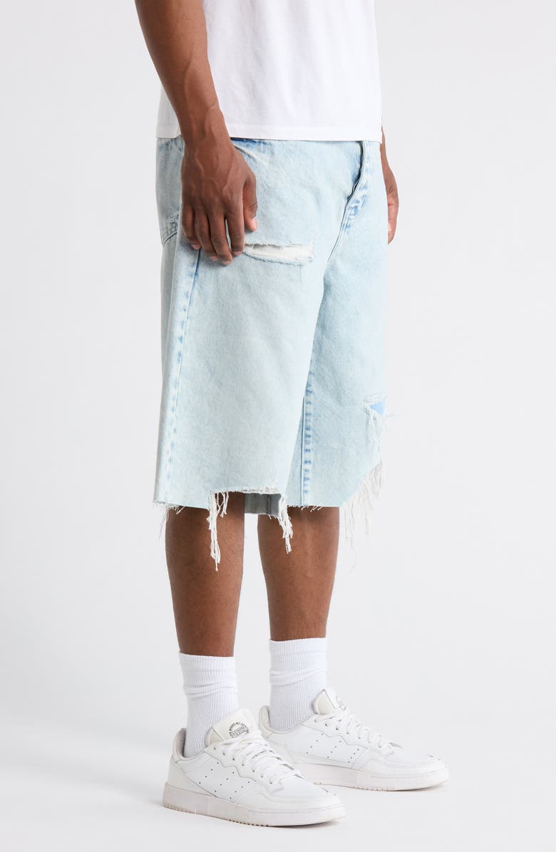 PURPLE BRAND Blowout Patched Raw Hem Denim Shorts, Alternate, color, Light Indigo