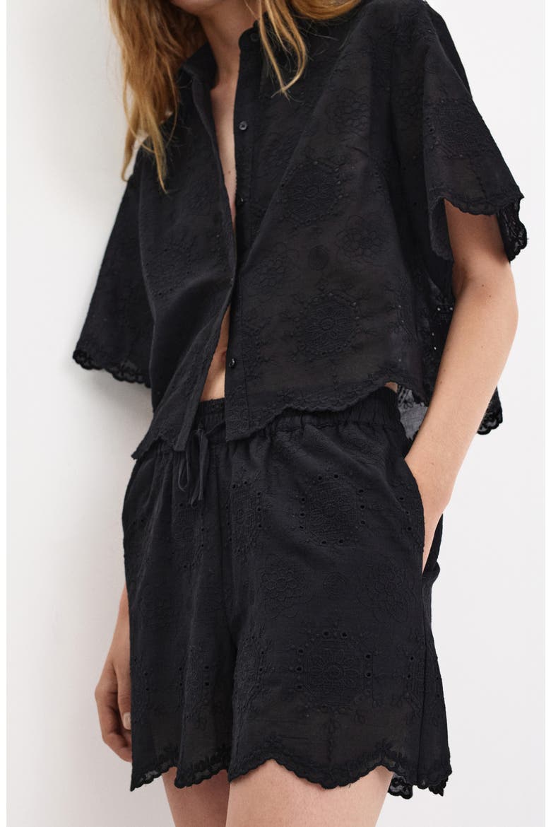 Scalloped Eyelet Cotton Shorts, Alternate, color, BLACK