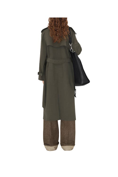 Burberry Long Stretch Wool Trench Coat In Moss Melange