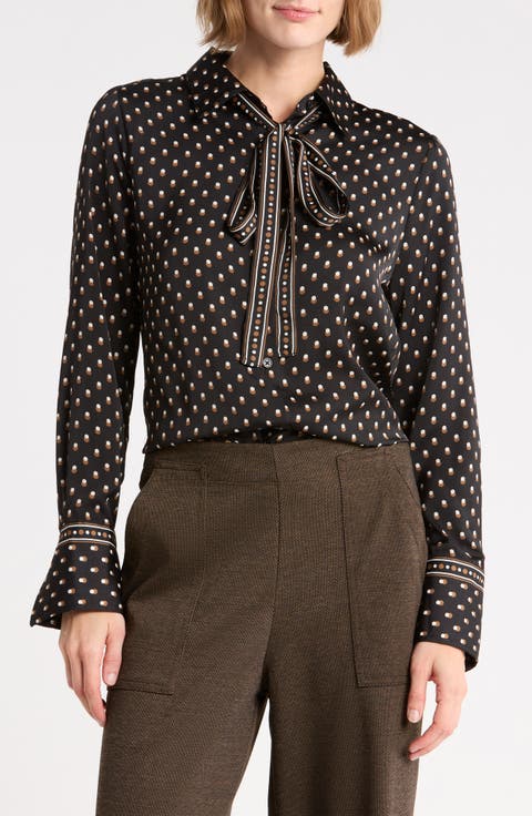 Satin Tie Neck Button-Up Shirt