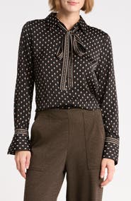 MAX STUDIO Satin Tie Neck Button-Up Shirt