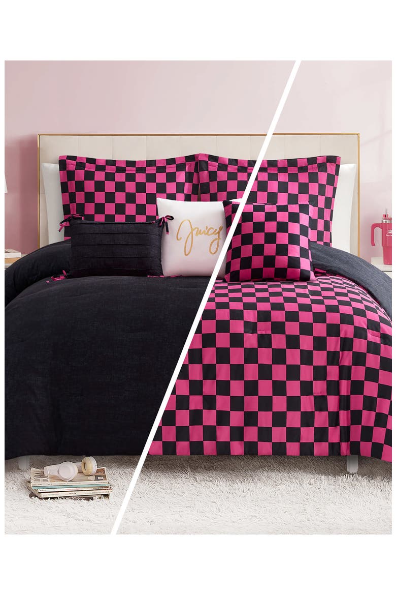 Checkerboard Reversible Comforter & Sham Set, Alternate, color, CHECKERBOARD BLACK/ HOT PINK