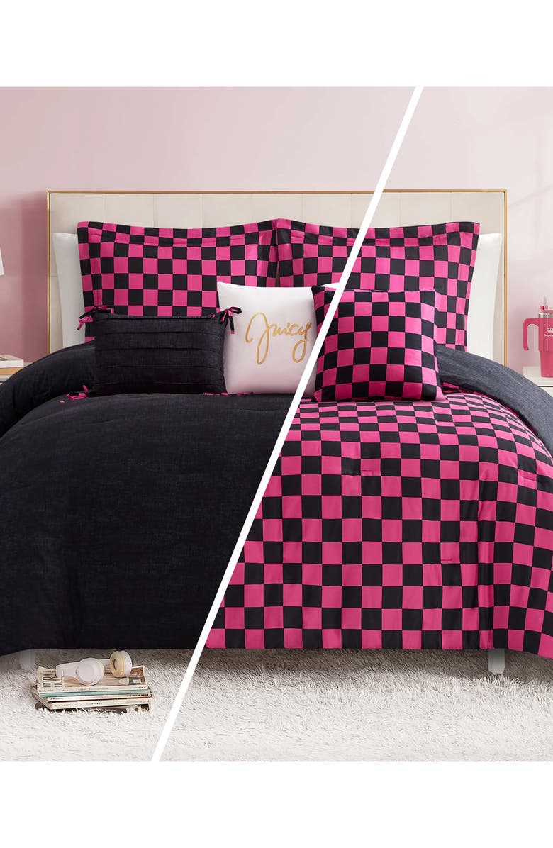 Juicy Couture Checkerboard Reversible Comforter & Sham Set, Alternate, color, Checkerboard Black/ Hot Pink