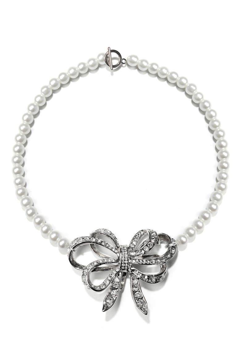 Crystal Triple Bow Choker Necklace, Alternate, color, PEARL SILVER WHITE