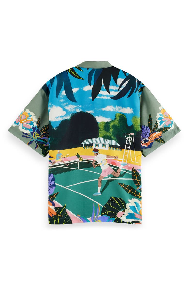 Scotch & Soda Trim Fit Tennis Print Short Sleeve Button-Up Camp Shirt, Alternate, color, 
