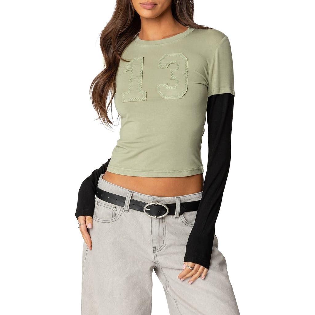 Shop Edikted 13 Appliqué Layered Look Long Sleeve T-shirt In Olive