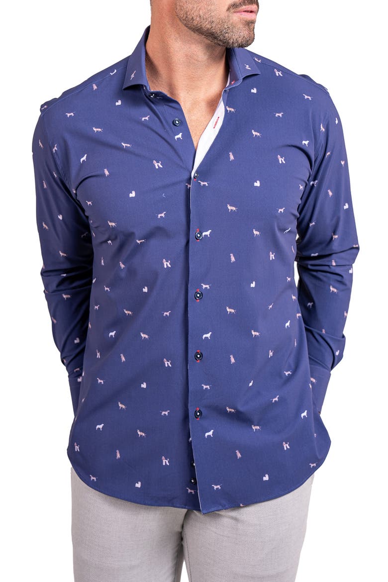 Einstein Stretch Ascension 0205 Dog Print Contemporary Fit Button-Up Shirt, Alternate, color, BLUE