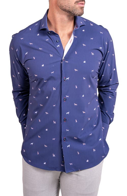 Maceoo Einstein Stretch Ascension 0205 Dog Print Contemporary Fit Button-up Shirt In Blue