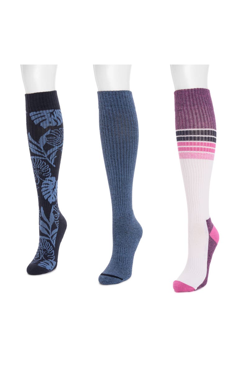 MUK LUKS Cotton Rib Compression Knee-High Socks 3 Pair Pack, Alternate, color, Indigo