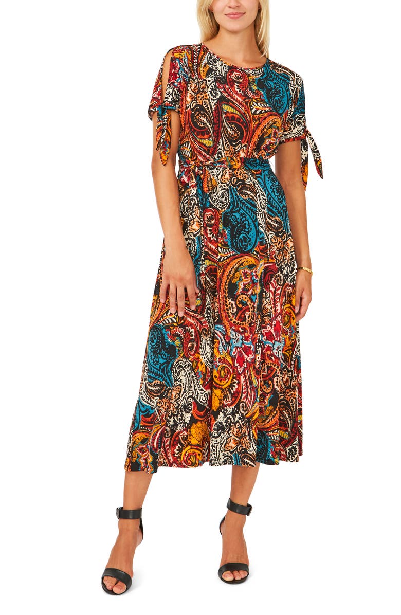 Chaus Split Sleeve Midi Dress, Main, color, Navy/ Mauve/ Blue