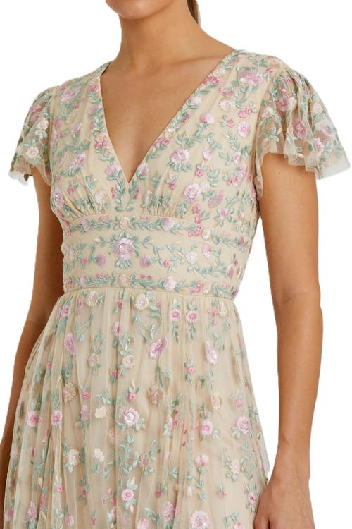 Mac Duggal Embroidered V Neck Cap Sleeve Midi Dress In Beige Multi