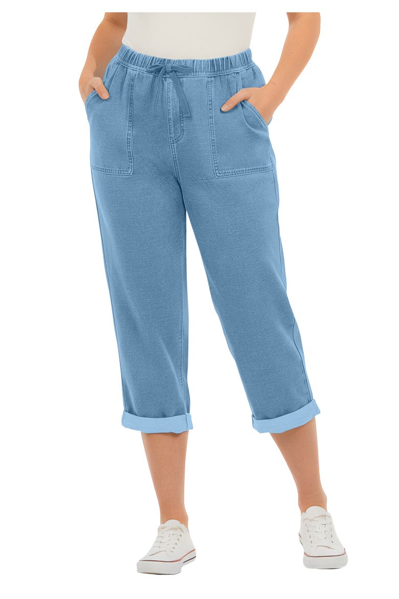Plus Size Knit Denim Pull On Cuffed Capri Jean, Main, color, LIGHT STONEWASH
