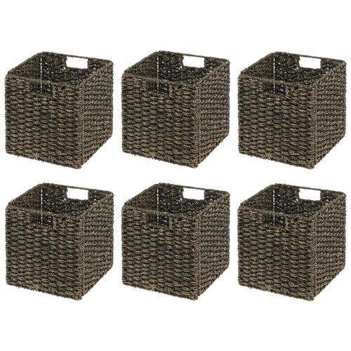 mDesign Seagrass Woven Cube Bin Basket Organizer, Handles, 6 Pack in Black Wash 
