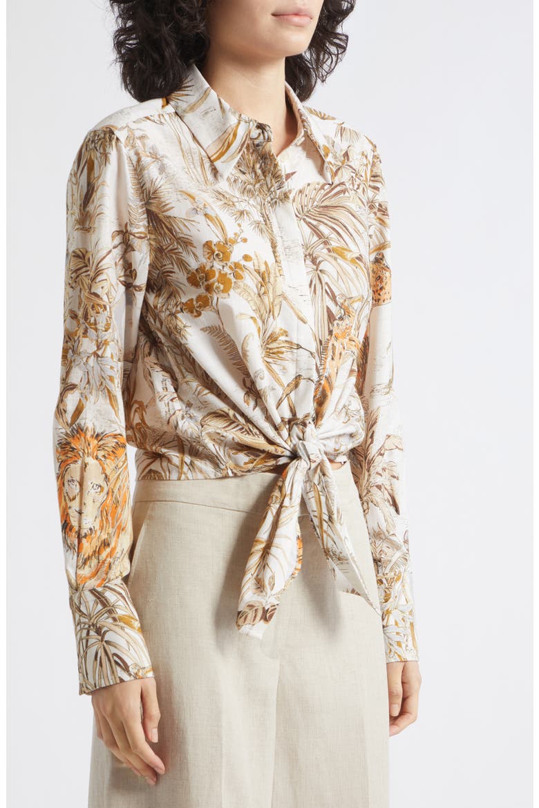 Cece Safari Print Tie Front Cotton Hidden Placket Shirt, Alternate, color, NEUTRAL