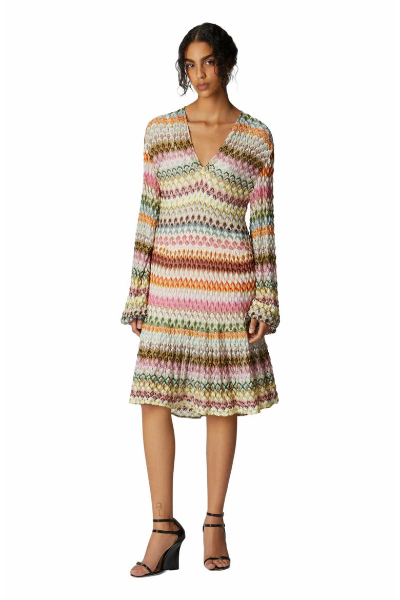 Long Sleeve Short Dress With Zig Zag Lace Pattern, Main, color, Multicoloured