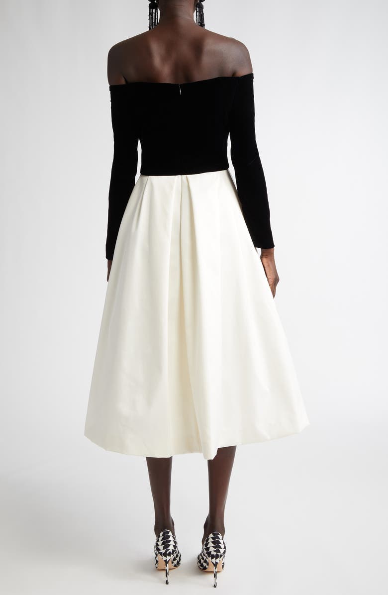 Carolina Herrera Off the Shoulder Long Sleeve Velvet & Satin Midi Dress, Alternate, color, Black/ White