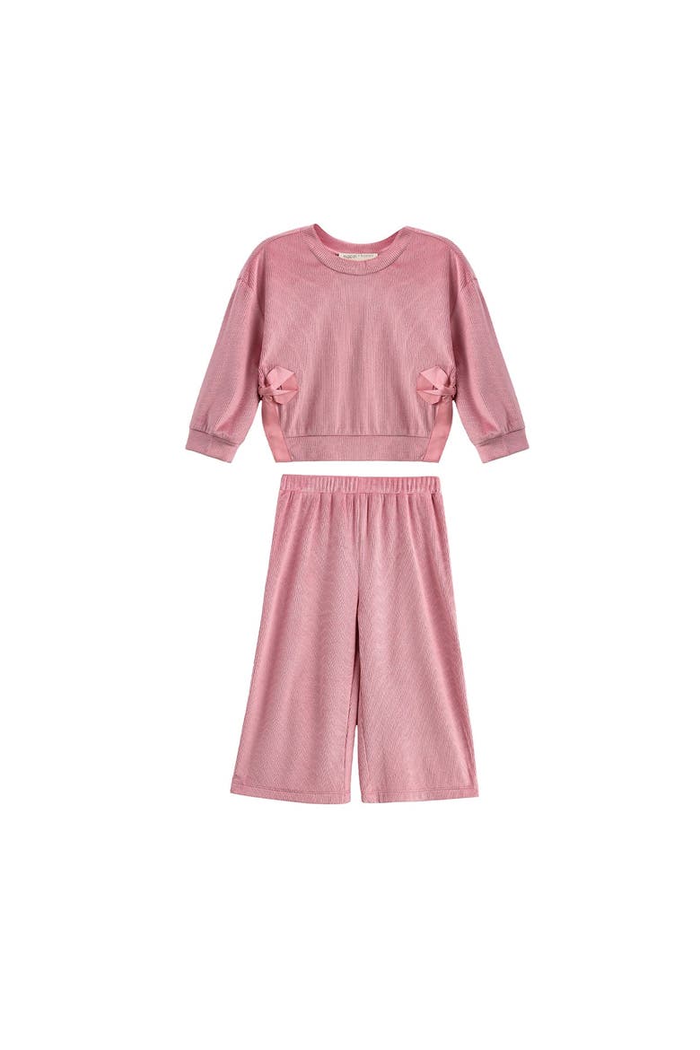 Bowtiful Blush Long Sleeve Solid Bow Tie Side Slit Top and Pant Set, Main, color, Pink