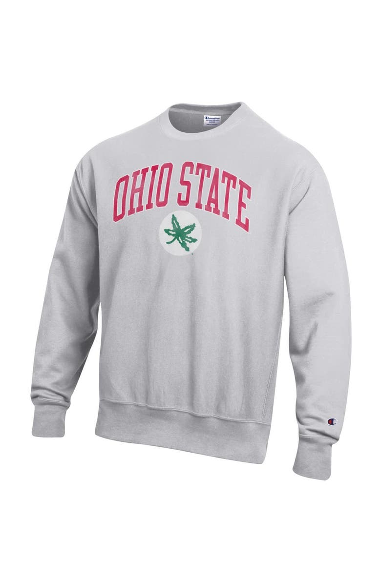Champion Men's Champion Gray Ohio State Buckeyes Distressed Arch Over Logo Reverse Weave Crew Neck Sweatshirt, Alternate, color,
