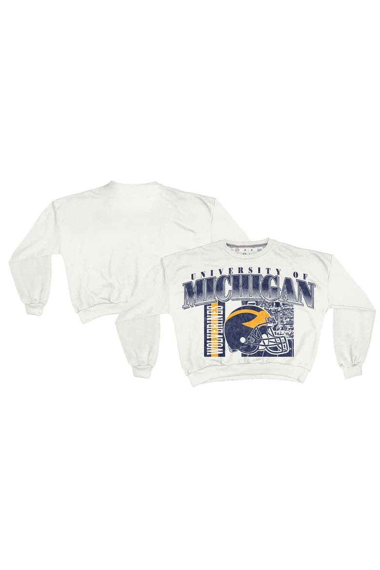 Women's Pressbox White Michigan Wolverines Oversized Janice Retro Waist-Length Sweatshirt, Main, color, White