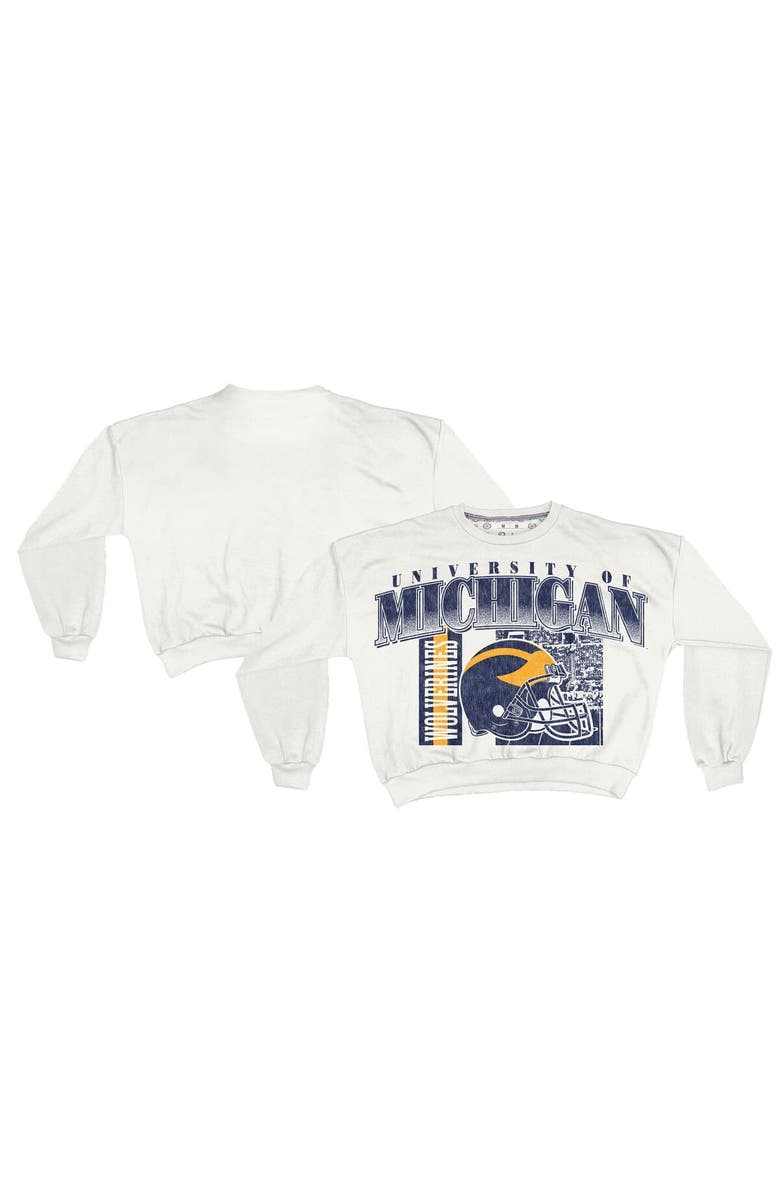 PRESSBOX Women's Pressbox White Michigan Wolverines Oversized Janice Retro Waist-Length Sweatshirt, Main, color, White