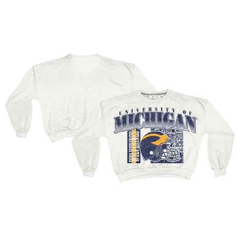 Women's Pressbox White Michigan Wolverines Oversized Janice Retro Waist-Length Sweatshirt
