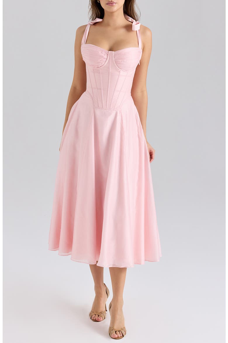 Leia Tie Strap Corset Midi Dress, Main, color, PINK