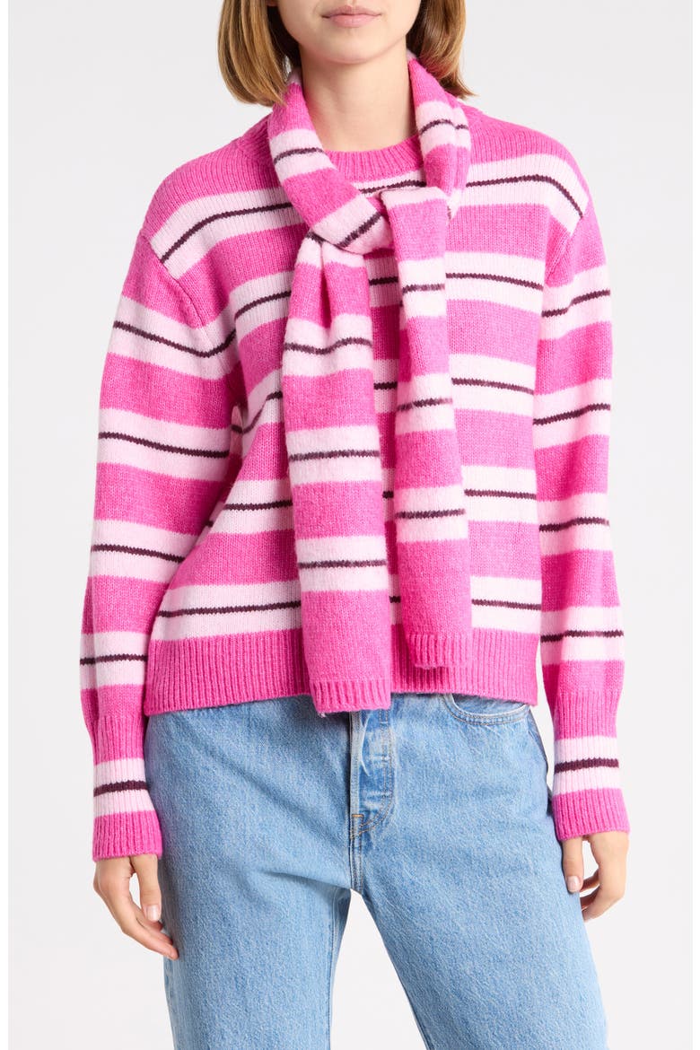 Striped Crewneck Sweater with Scarf, Main, color, PINK COMBO