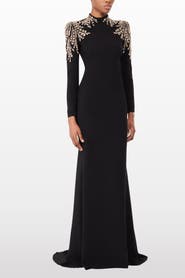 Jenny Packham Cobra Embellished-Shoulders Mock-Neck Maxi Dress
