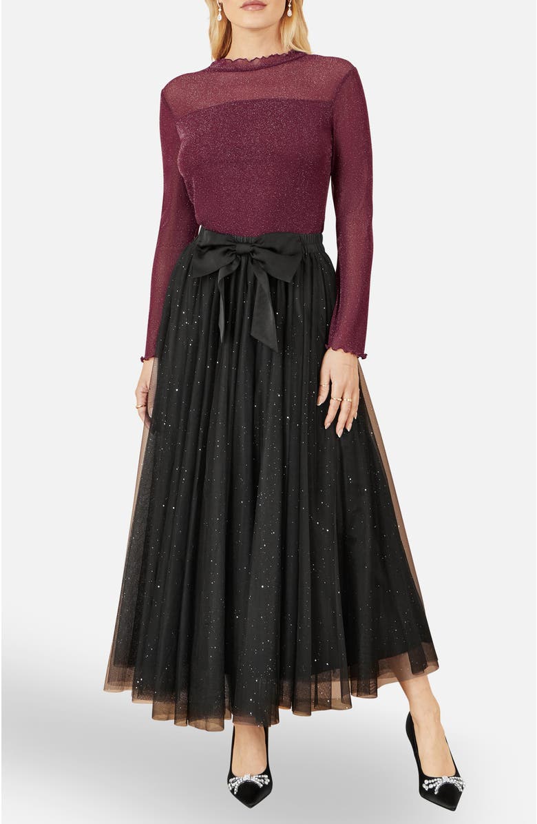 Yumi Sparkle Mesh Tulle Skirt With Satin Bow, Alternate, color, Black