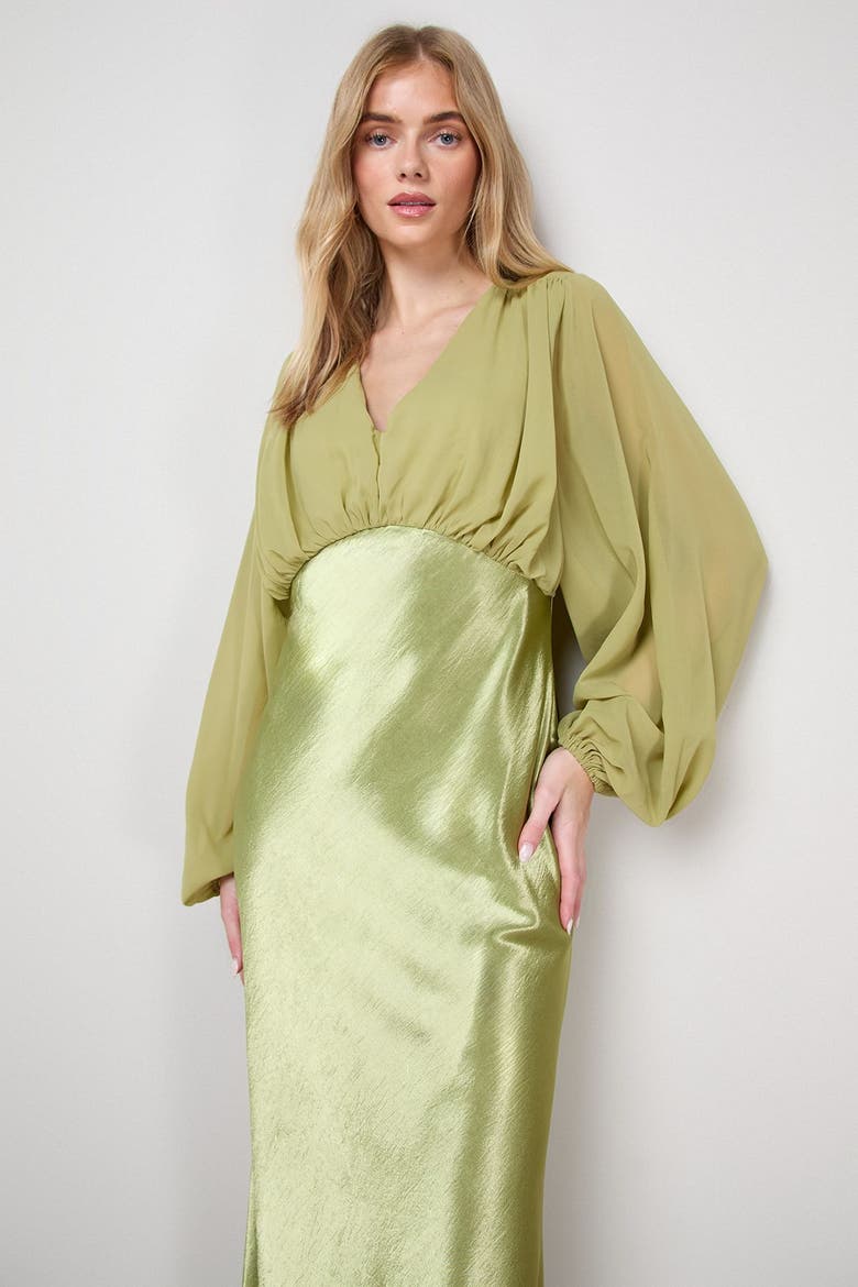 Satin Chiffon Mix V Neck Midaxi Dress, Alternate, color, Olive