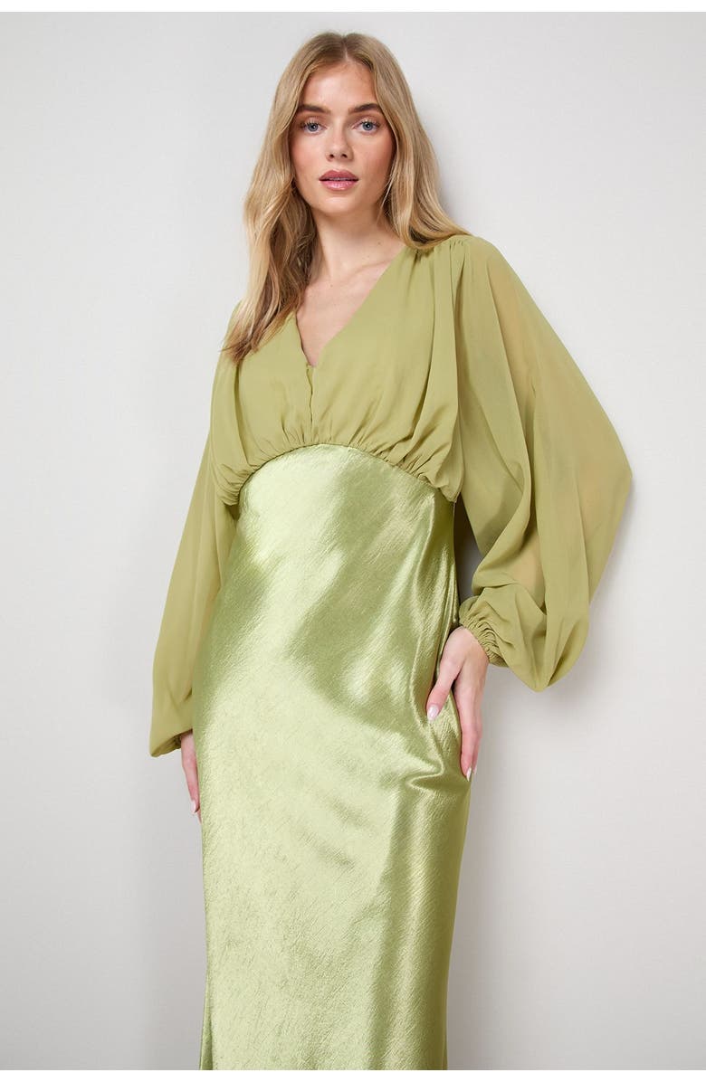 Oasis Satin Chiffon Mix V Neck Midaxi Dress, Alternate, color, Olive