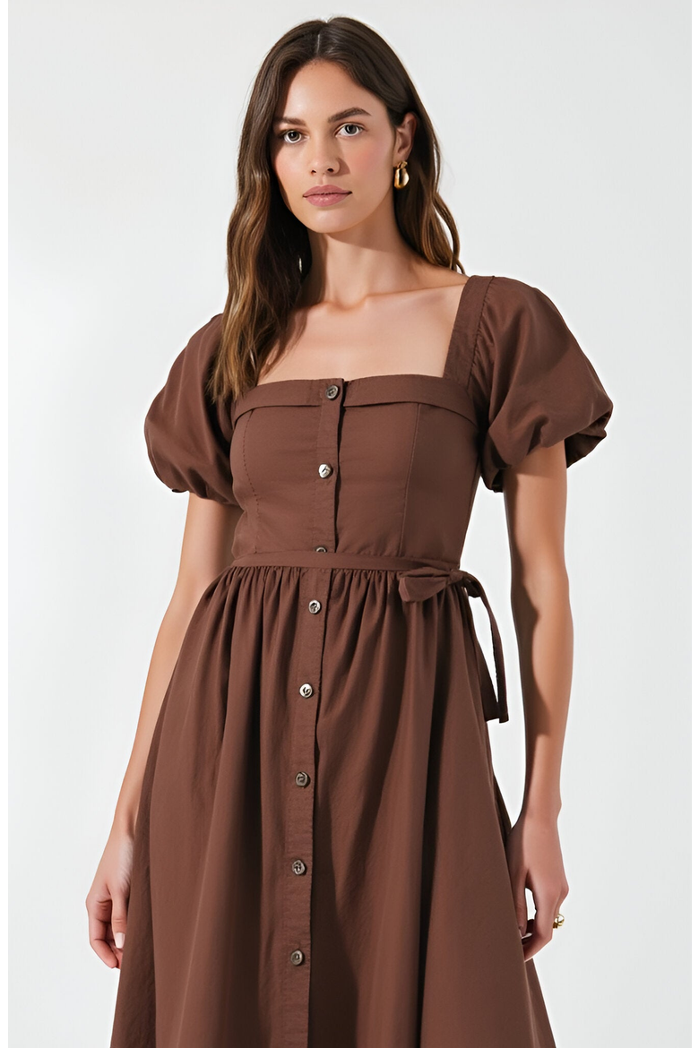 Square Neck Puff Sleeve Midi Dress with Side Tie Ribbon and Button Front, Alternate, color, Brown
