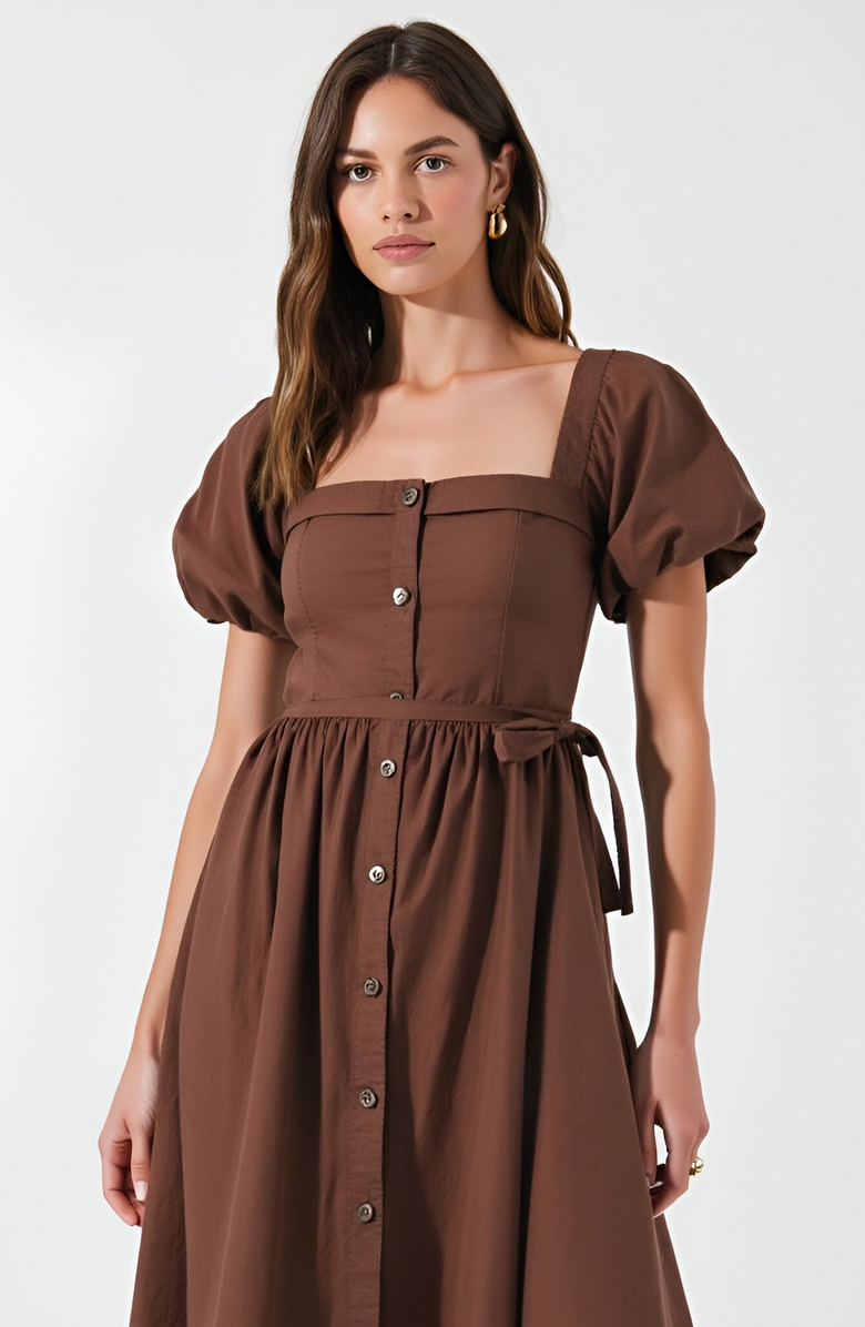 Modenaire Square Neck Puff Sleeve Midi Dress with Side Tie Ribbon and Button Front, Alternate, color, Brown