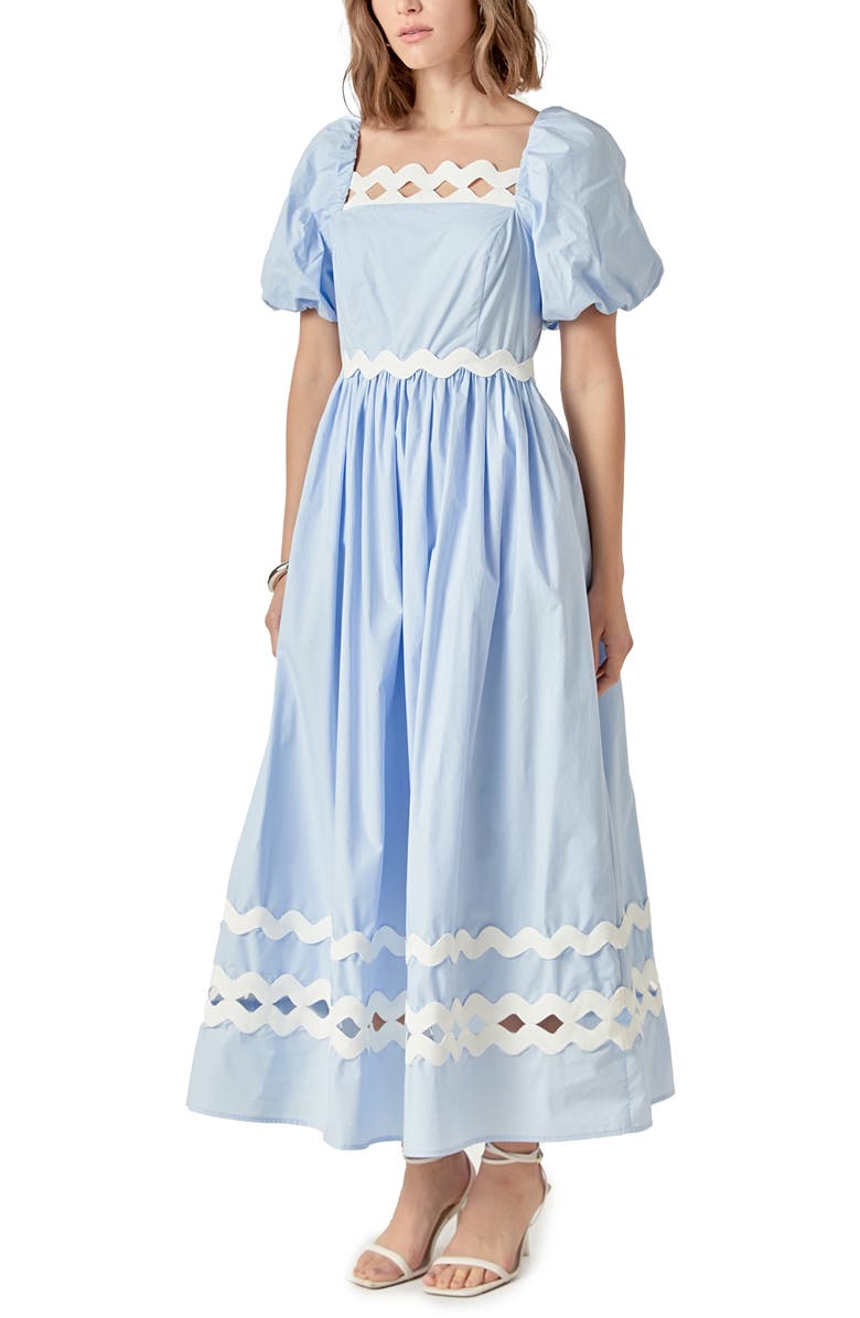 English Factory Scalloped Puff Sleeve Cotton Maxi Dress, Alternate, color, Powder Blue/ Cream
