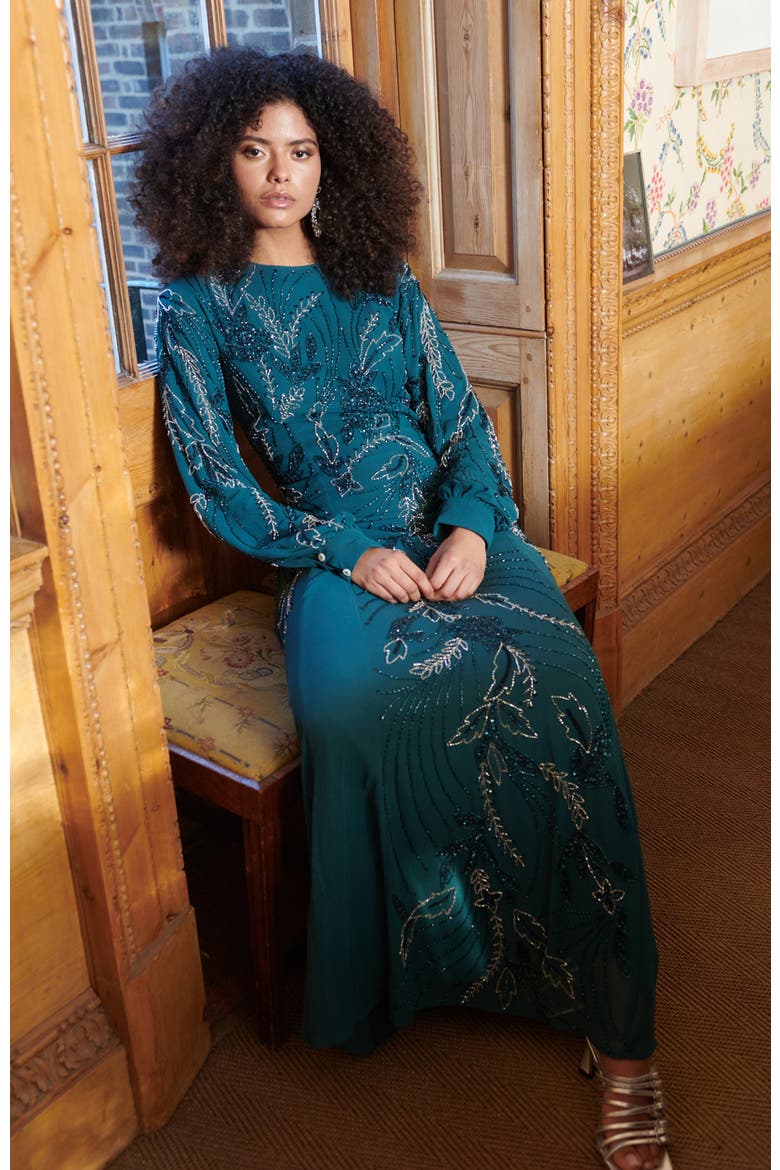 Modest Embellished Sequin Beaded Maxi Dress With Cuff Sleeves, Alternate, color, EMERALD GREEN