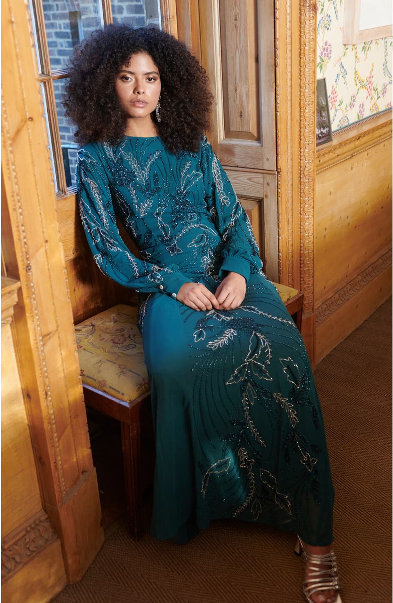 MARYISA Modest Embellished Sequin Beaded Maxi Dress With Cuff Sleeves, Alternate, color, Emerald Green