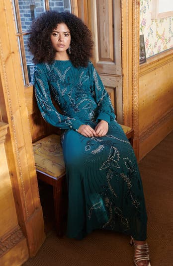 Modest Embellished Sequin Beaded Maxi Dress With Cuff Sleeves