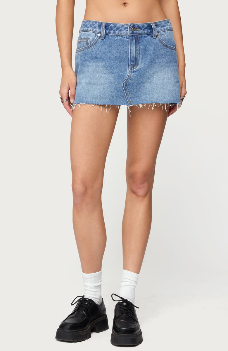 EDIKTED Micah Low Rise Raw Hem Denim Miniskirt, Main, color, Blue-Washed