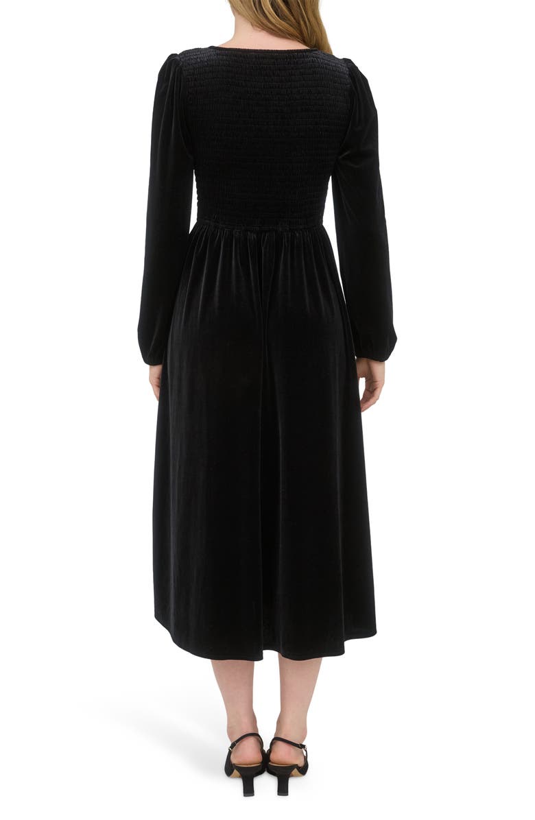 AUGUST SKY Long Sleeve Smocked Velvet Midi Dress, Alternate, color, Black