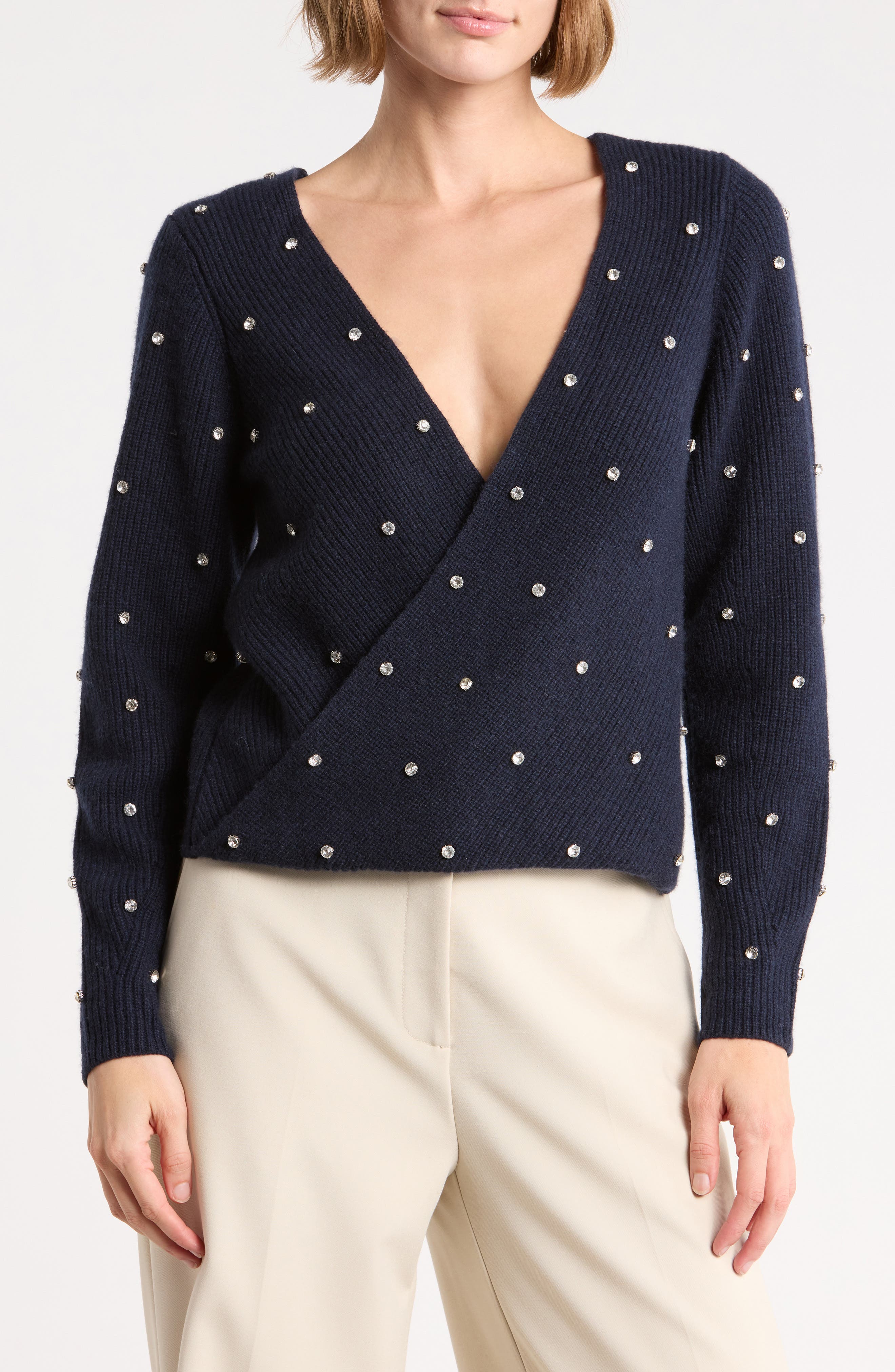 Embellished V-Wrap Back Cashmere Sweater