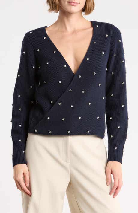 Embellished V-Wrap Back Cashmere Sweater