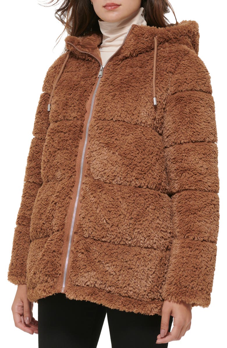 Kenneth Cole New York Monkey Faux Fur Hooded Puffer Jacket, Alternate, color, Camel