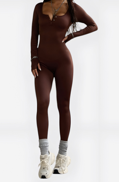 Modenaire Ribbed Long Sleeve Henley Jumpsuit With Deep Neckline And Snap Detail In Brown