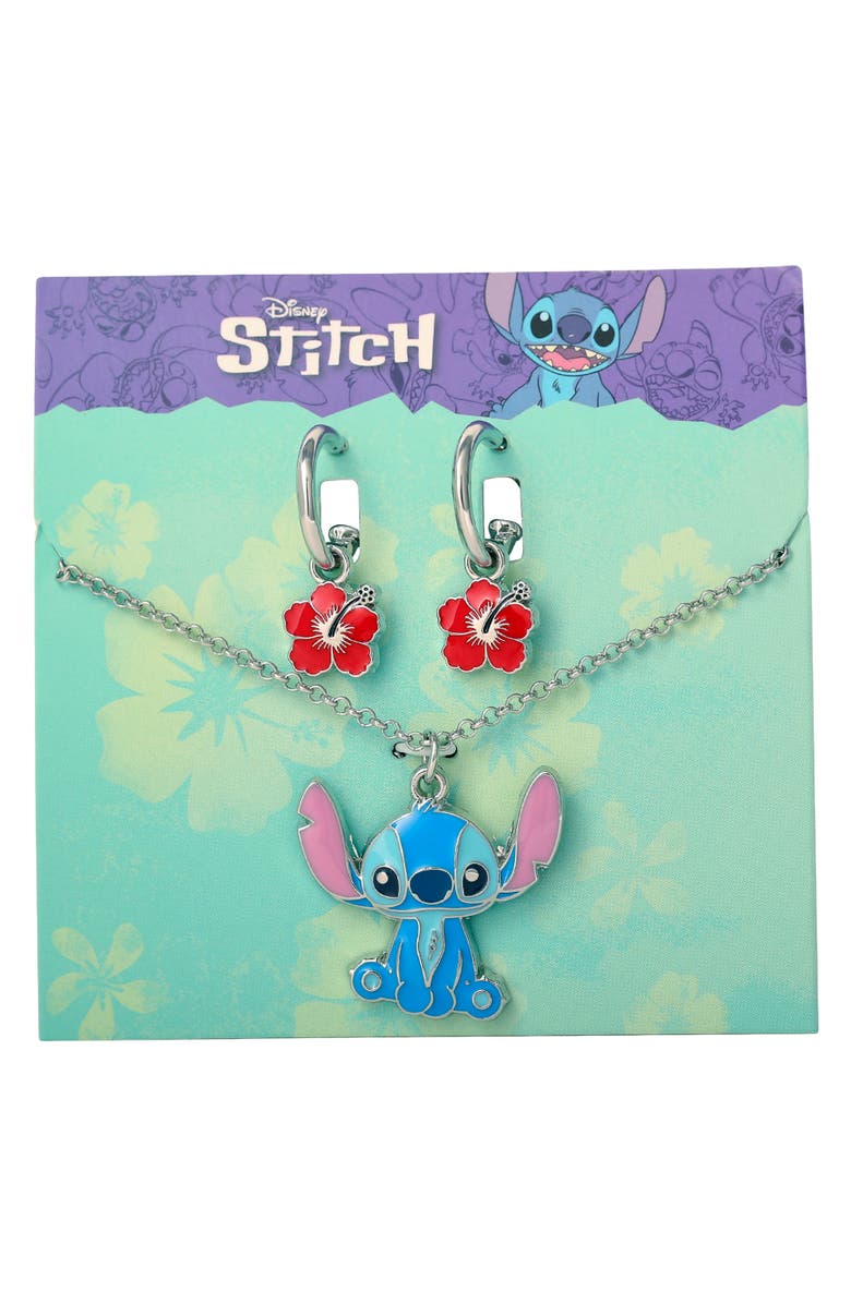 Disney Lilo & Stitch Jewelry Set, Flower Charm Hoop Earrings, 16+3" Necklace, Alternate, color, Multicolor