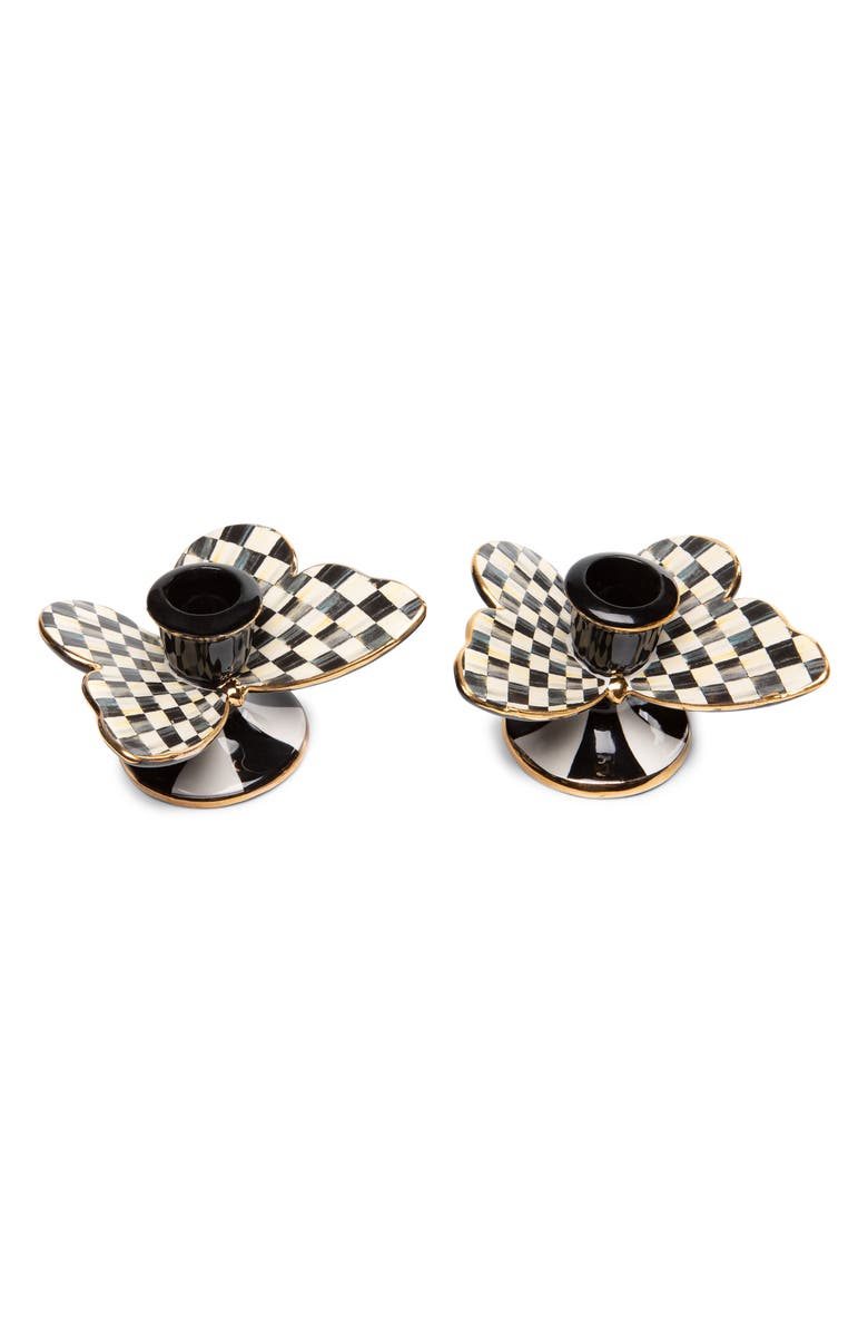 MACKENZIE CHILDS Courtly Check Set of 2 Butterfly Candleholders, Main, color, Black/ White