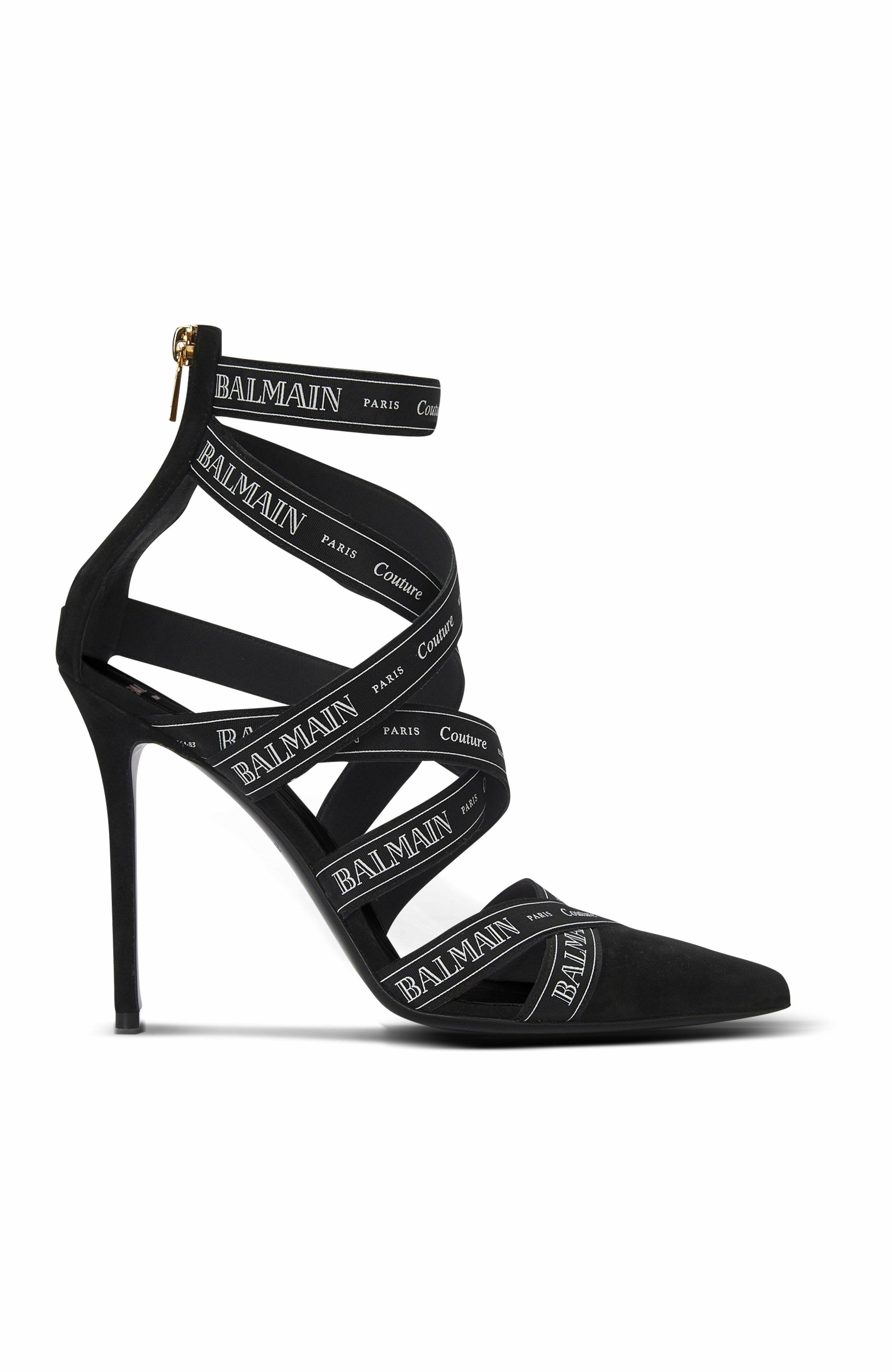 Balmain Couture Suede Heels With Balmain Ribbon Motif, Main, color, 