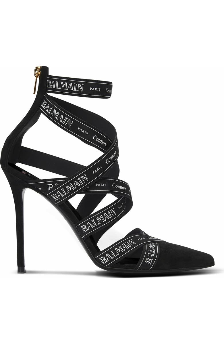 Balmain Couture Suede Heels With Balmain Ribbon Motif, Main, color,
