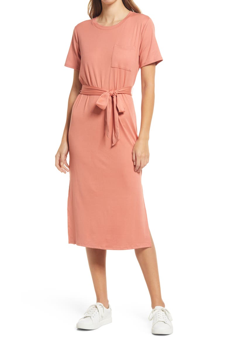 Belted Pocket T-Shirt Dress, Main, color, PEACH QUART