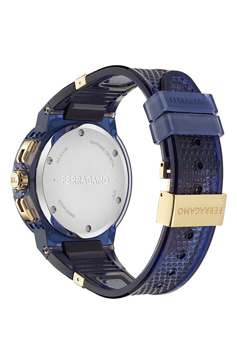 FERRAGAMO F-80 Translucent Chronograph Recycled Polyurthane Strap Watch, 44mm, Alternate, color, Blue