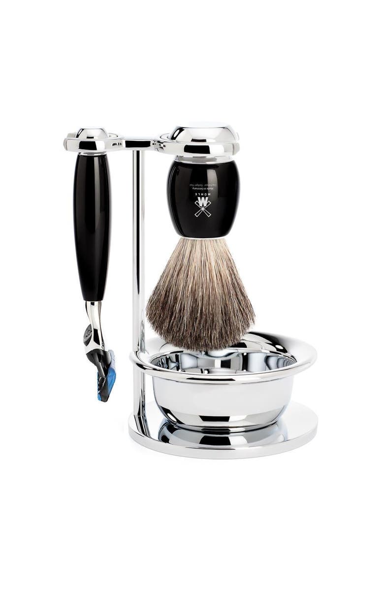 MÜHLE Vivo Black Resin 4-Piece Pure Badger & Fusion Shaving Set, Main, color, Black